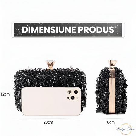 Geanta Clutch Elegant Dama Boutique Deluxe Pentru Evenimente, Cu Margele Si Paiete Stralucitoare, Lantisor si Maner Auriu Detasabil, Geanta De Seara, Negru [6]