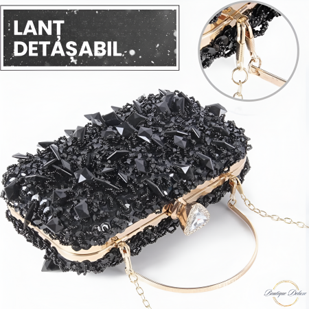 Geanta Clutch Elegant Dama Boutique Deluxe Pentru Evenimente, Cu Margele Si Paiete Stralucitoare, Lantisor si Maner Auriu Detasabil, Geanta De Seara, Negru [5]