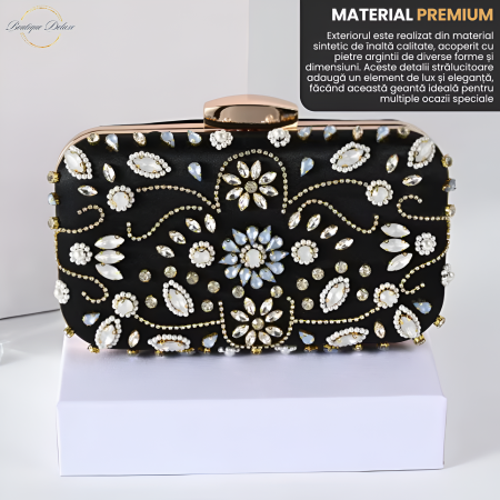 Gentuta Clutch Dama Boutique Deluxe cu Pietre Argintii Stralucitoare, Material Sintetic Premium, Dimensiuni Compacte, Ideala pentru Evenimente Formale, Neagra [8]