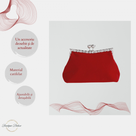 Gentuta Mica de Dama, Design Elegant, Material Catifelat, Strasuri Argintii, Tip Clutch, cu Lantisor, Rosie,  220x50x100mm [4]