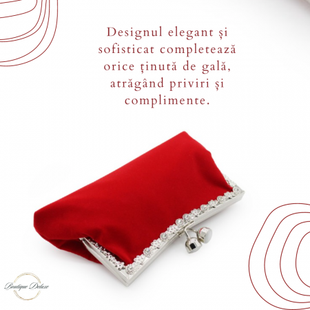 Gentuta Mica de Dama, Design Elegant, Material Catifelat, Strasuri Argintii, Tip Clutch, cu Lantisor, Rosie,  220x50x100mm [2]