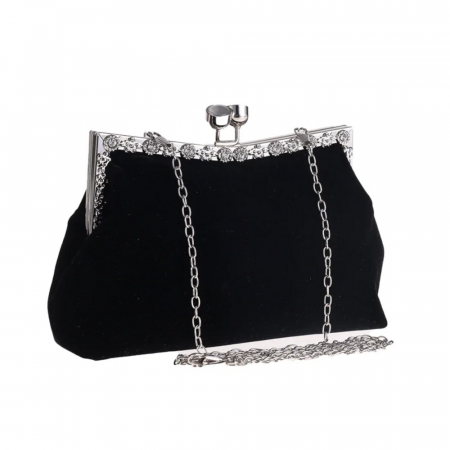 Gentuta Mica de Dama, Eleganta, Neagra, Material Catifelat, Strassuri Argintii, Clutch, cu Lantisor 22x5x10 cm [0]