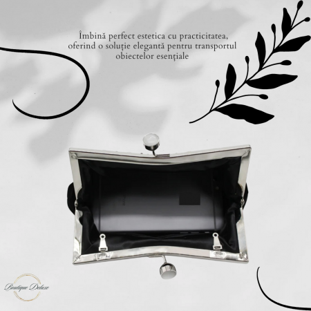 Gentuta Mica de Dama, Eleganta, Neagra, Material Catifelat, Strassuri Argintii, Clutch, cu Lantisor 22x5x10 cm [3]