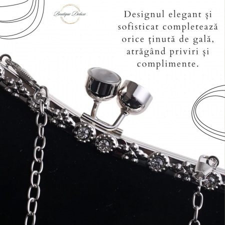 Gentuta Mica de Dama, Eleganta, Neagra, Material Catifelat, Strassuri Argintii, Clutch, cu Lantisor 22x5x10 cm [2]