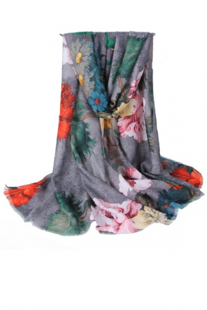 Esarfe - Esarfa dama, tip sal, print floral, multicolora, fond gri, 90 x 180 cm