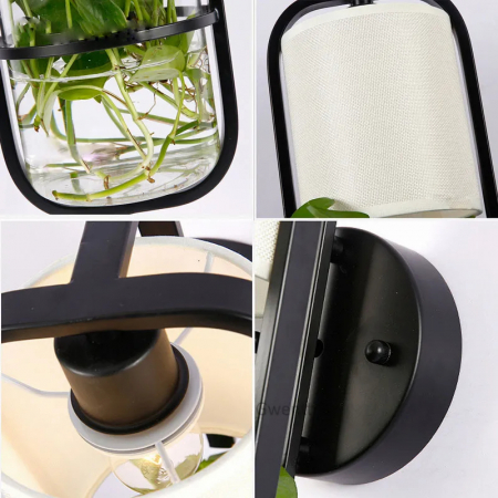 Lampa de perete moderna cu abajur alb textil si bol de sticla pentru plante, design modern si minimalist, lumina LED, 220V, 50x17cm, Negru [5]