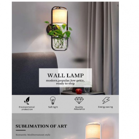 Lampa de perete moderna cu abajur alb textil si bol de sticla pentru plante, design modern si minimalist, lumina LED, 220V, 50x17cm, Negru [4]