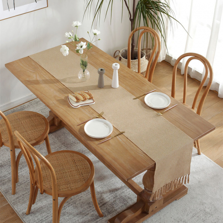 Napron elegant pentru masa, cu ciucuri, din bumbac si poliester, 32X180 cm, tesatura de calitate superioara, design clasic, Crem [6]