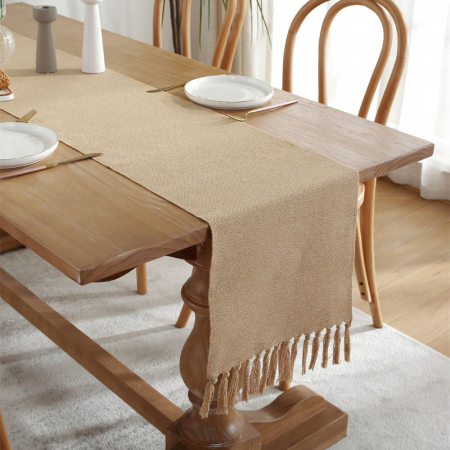 Napron elegant pentru masa, cu ciucuri, din bumbac si poliester, 32X180 cm, tesatura de calitate superioara, design clasic, Crem [3]