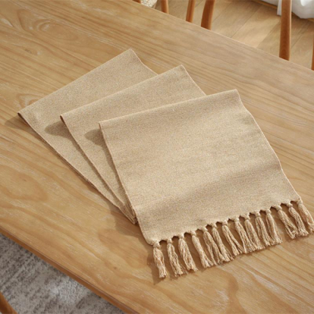 Napron elegant pentru masa, cu ciucuri, din bumbac si poliester, 32X180 cm, tesatura de calitate superioara, design clasic, Crem [5]