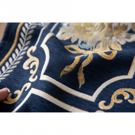 Napron elegant pentru masa, fond albastru cu flori aurii brodate, ciucuri crem si bleu Atlantic, din bumbac si poliester, 33X180cm, tesatura de calitate superioara, design clasic si elegant, Albastru [4]