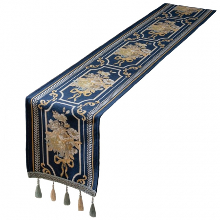 fete masa - Napron elegant pentru masa, fond albastru cu flori aurii brodate, ciucuri crem si bleu Atlantic, din bumbac si poliester, 33X180cm, tesatura de calitate superioara, design clasic si elegant, Albastru