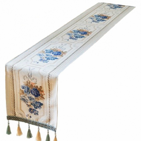 fete masa - Napron elegant pentru masa, mare, gros, fond alb cu flori albastre brodate, ciucuri crem si bleu atlantic din poliester, 33X200 CM