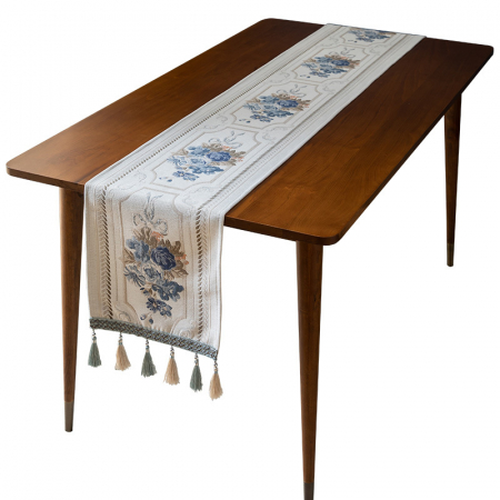 Napron elegant pentru masa, mare, gros, fond alb cu flori albastre brodate, ciucuri crem si bleu atlantic din poliester, 33X200 CM [4]