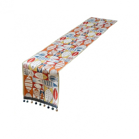 Napron elegant pentru masa, mare, gros, material sintetic, cu forme multicolore de pesti, ciucuri sfera crem si albastru, 33X200 CM [1]