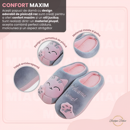 Papuci dama, pentru casa, plusati, gri cu roz [2]