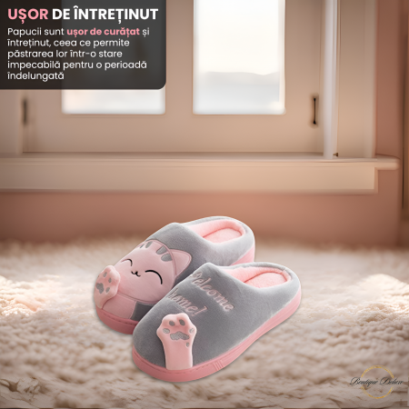 Papuci dama, pentru casa, plusati, gri cu roz [4]