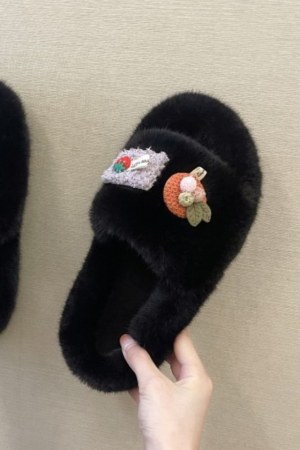 Papuci dama, pentru casa, plusati, negri, cu diverse aplicatii haioase, marime 38 [5]