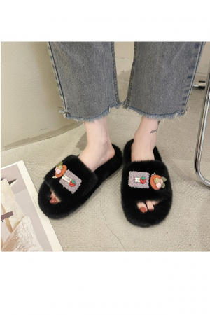 Papuci dama, pentru casa, plusati, negri, cu diverse aplicatii haioase, marime 38 [2]