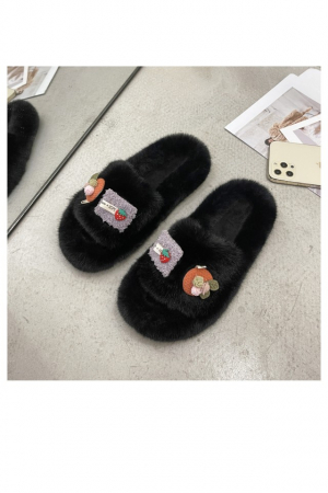 Papuci dama, pentru casa, plusati, negri, cu diverse aplicatii haioase, marime 38 [3]