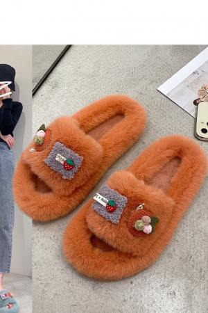 Papuci dama, pentru casa, plusati, portocaliu inchis, cu diverse aplicatii haioase, marime 37 [2]