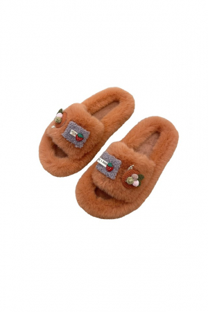 Papuci dama - Papuci dama, pentru casa, plusati, portocaliu inchis, cu diverse aplicatii haioase, marime 37