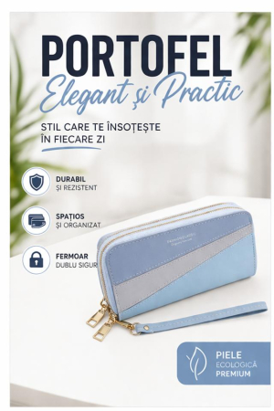 Portofel damă elegant albastru cu gri, tip clutch, cu fermoar și bretea [2]