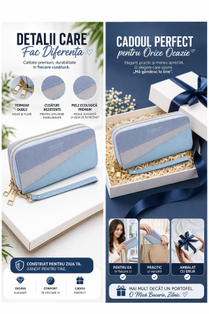 Portofel damă elegant albastru cu gri, tip clutch, cu fermoar și bretea [4]