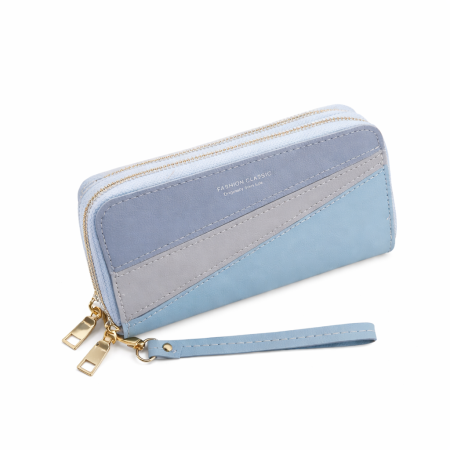 Portofele dama - Portofel damă elegant albastru cu gri, tip clutch, cu fermoar și bretea