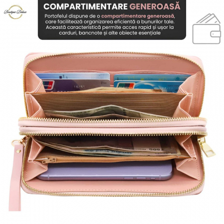 Portofel Elegant Femei Boutique Deluxe Fashion Classic, Piele Ecologica, Compartimente Multiple pentru Telefon, Carduri, Bani, Organizare Eficienta, Roz Deschis [4]