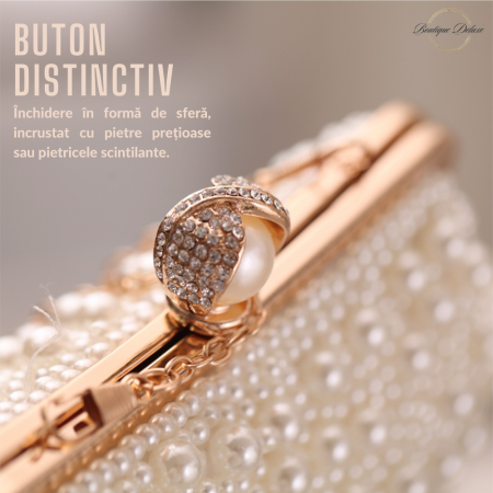 Poseta de Dama, Eleganta, Aurie, cu Perlute Albe, Lantisor Lung Auriu 22x4,5x16 cm [2]