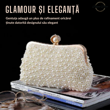 Genti dama - Poseta de Dama, Eleganta, Aurie, cu Perlute Albe, Lantisor Lung Auriu 22x4,5x16 cm