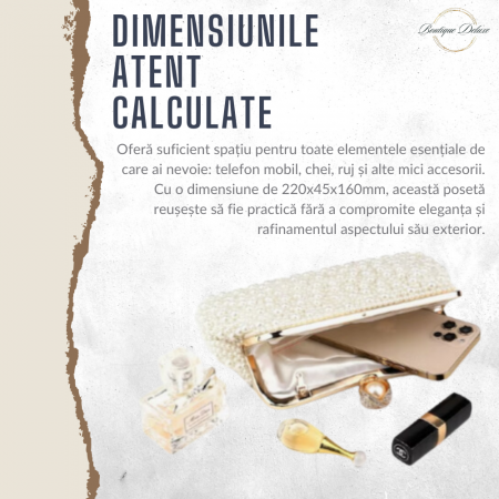 Poseta de Dama, Eleganta, Aurie, cu Perlute Albe, Lantisor Lung Auriu 22x4,5x16 cm [5]