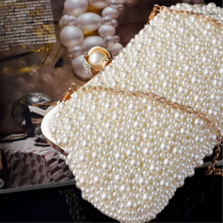Poseta de Dama, Eleganta, Aurie, cu Perlute Albe, Lantisor Lung Auriu 22x4,5x16 cm [4]