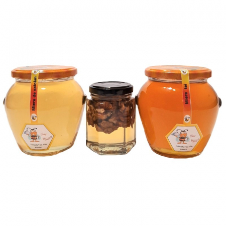 Produse - Set 1 Borcan miere salcam 750 g, 1 Borcan miere tei 750 g, 1 Borcan miere cu nuci 250 g, Show Bazzz