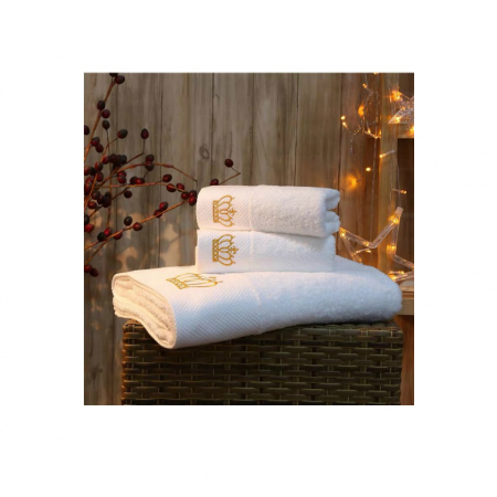 Set 3 prosoape de baie, tip hotelier, bumbac 100%, 70x140 cm, albe cu broderie aurie [1]