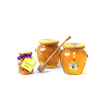 Produse - Set Produs Apicol 1Borcan cu miere tei 750 grame +1 Borcan faguri in miere tei 750 grame+ 1 Bat miere spiralat, Miere naturala, Boutique Deluxe, Gust Autentic si Beneficii pentru Sanatate