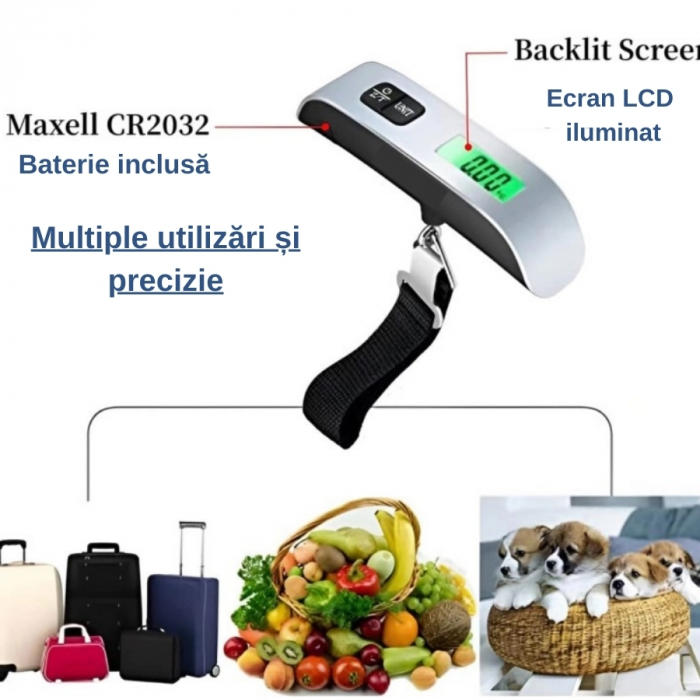 Cantar digital de mana pentru bagaje Techwood, afisaj LCD functia TARE, maxim 50 kg, argintiu [2]