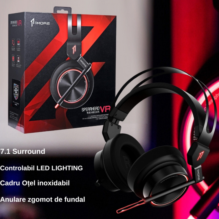 Casti Gaming 1MORE Spearhead VR, 7.1 Stereo Surround, microfon cu anulare zgomot de fond, Lumini Led, pentru PC, PS4, Xbox, Negru [2]