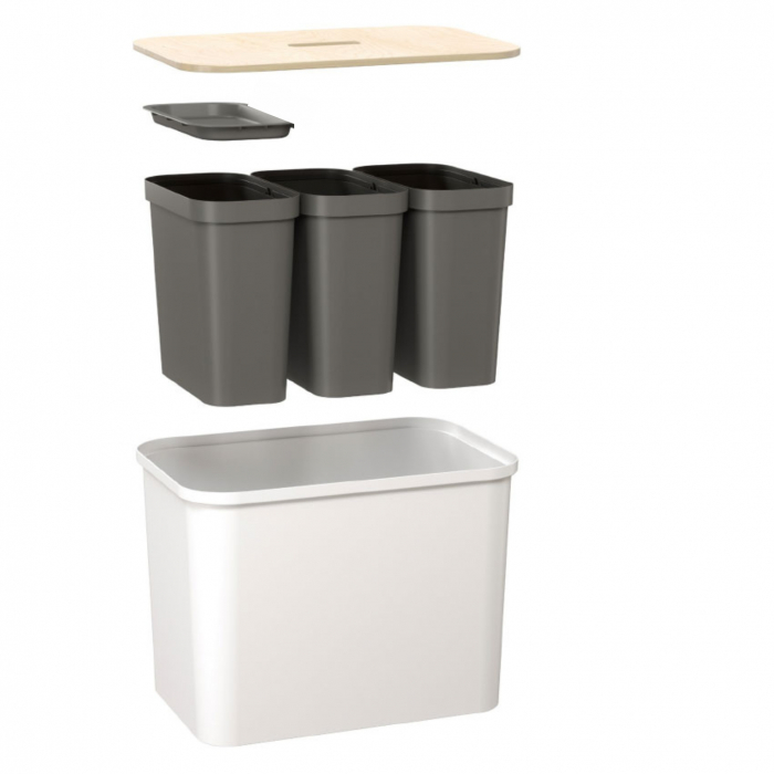 Cos de gunoi triplu Collect SmartStore, pentru colectare selectiva a deseurilor, cu 3 galeti interioare din plastic, capac lemn, alb, 76L, 57x38x42 cm [8]