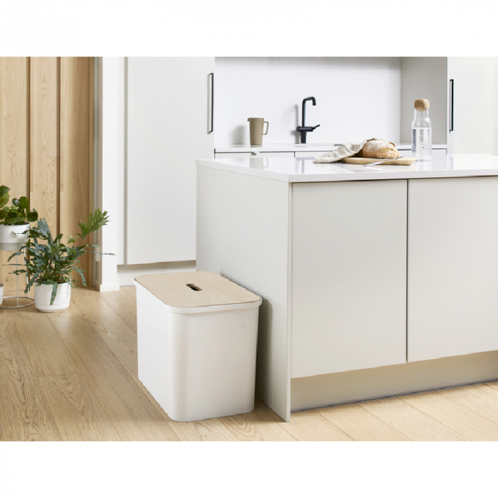 Cos de gunoi triplu Collect SmartStore, pentru colectare selectiva a deseurilor, cu 3 galeti interioare din plastic, capac lemn, alb, 76L, 57x38x42 cm [10]