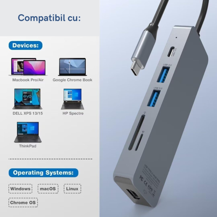 Docking Station OOTDAY Hub 10-in-1, USB-C, PD 100W, HDMI 4K, USB 3.0, SD/TF, Audio, Compatibil Laptop USB-C, MacBook Pro/Air, Chromebook, ThinkPad [2]