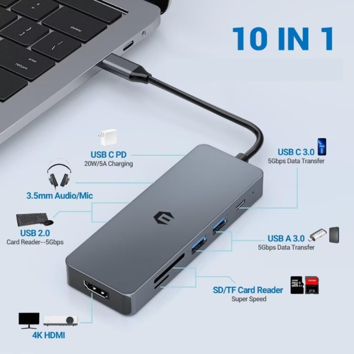 Docking Station OOTDAY Hub 10-in-1, USB-C, PD 100W, HDMI 4K, USB 3.0, SD/TF, Audio, Compatibil Laptop USB-C, MacBook Pro/Air, Chromebook, ThinkPad [5]