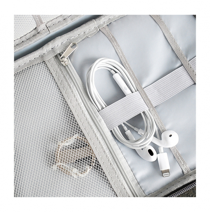 Geanta organizatoare pentru cabluri, incarcatoare, casti, accesorii electronice, carduri de memorie, cu curele elastice de prindere., Gri, 24x17x3 cm [6]