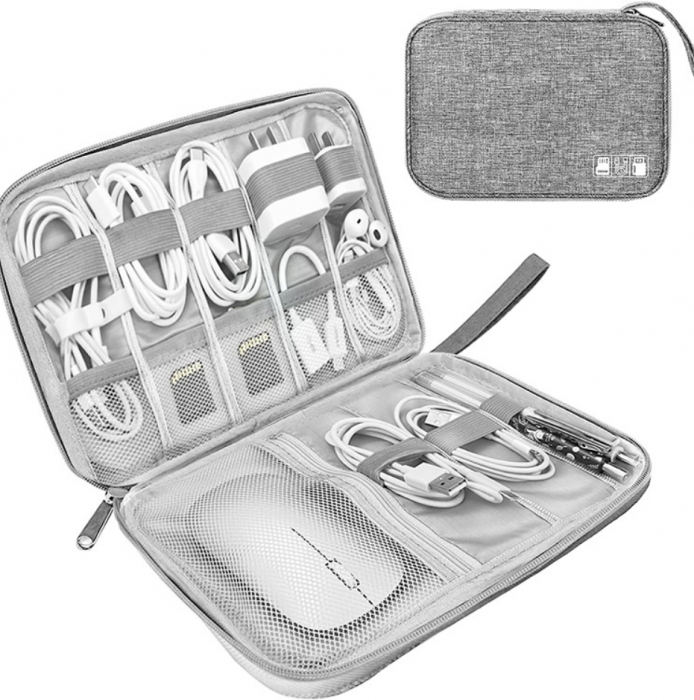 Geanta organizatoare pentru cabluri, incarcatoare, casti, accesorii electronice, carduri de memorie, cu curele elastice de prindere., Gri, 24x17x3 cm [3]