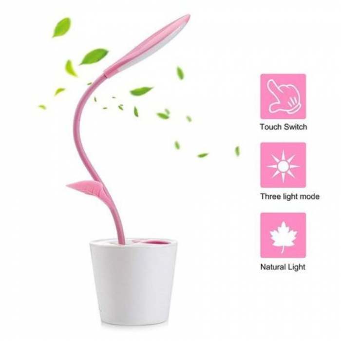Lampa de birou Led, incarcare USB, , multifunctionala, flexibila 360°, cu suport pixuri, 3 moduri de lumina, Roz, 41 cm [6]