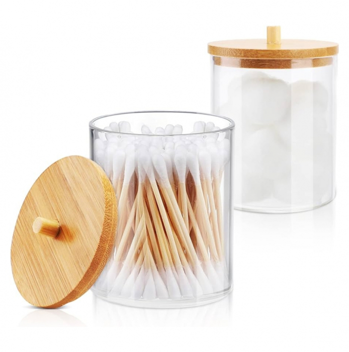 Organizator pentru cosmetice, suport dischete demachiante, depozitare betisoare urechi, transparent, capac bambus, 10x10 cm [2]