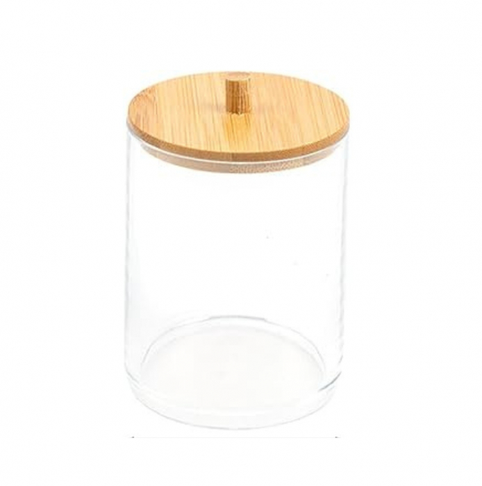 Organizator pentru cosmetice, suport dischete demachiante, depozitare betisoare urechi, transparent, capac bambus, 10x10 cm [9]