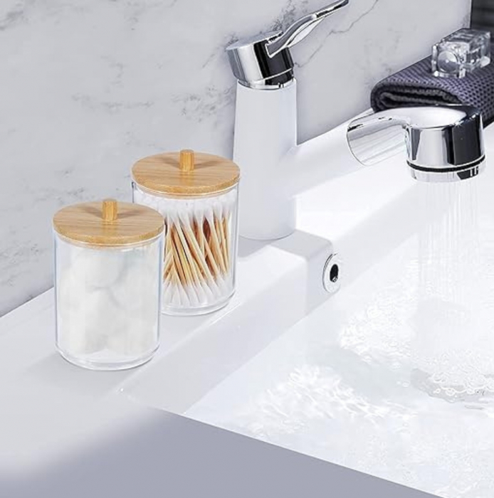 Organizator pentru cosmetice, suport dischete demachiante, depozitare betisoare urechi, transparent, capac bambus, 10x10 cm [5]
