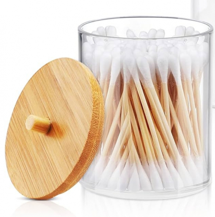 Organizator pentru cosmetice, suport dischete demachiante, depozitare betisoare urechi, transparent, capac bambus, 10x10 cm [7]